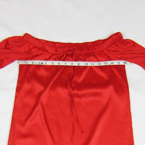 Medium Off Shoulder Dress Red Satin Blue & White Embroidery Mini Shift Dress NEW - Picture 7 of 8